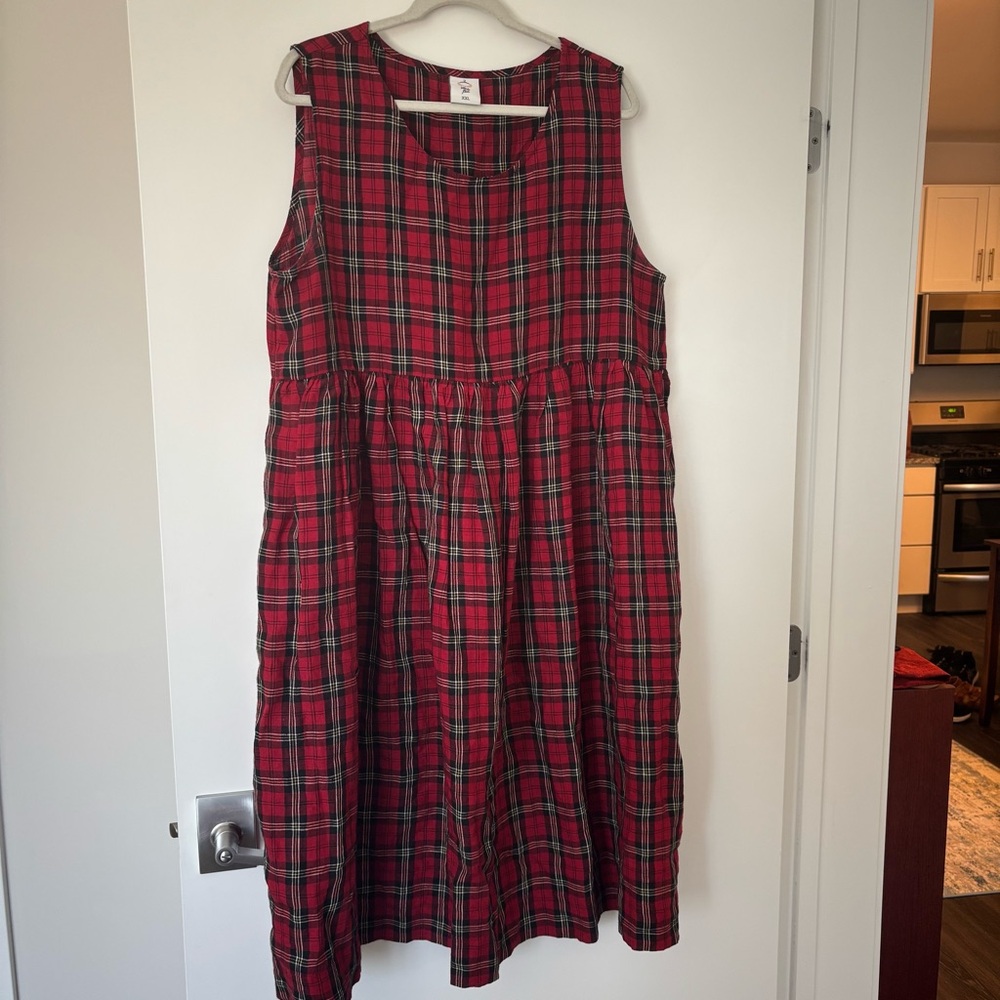 Red Tartan Son De Flor Smock Dress, Sleeveless (with pockets!) (XXL)